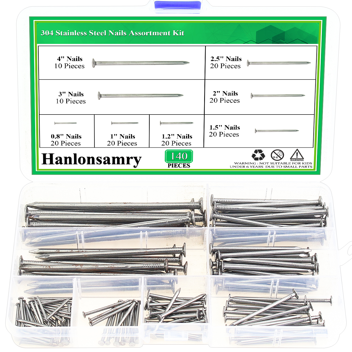 Hanlonsamry 140 Pieces 9 Sizes Stainless Steel Hardware Nails, Hanging Nails, Wall Nails for Picture Hanging, Wood Nails, Wire Nails, Small Nails